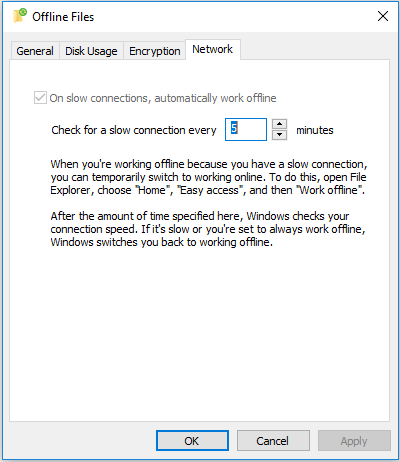 configurar los ajustes de red de archivos sin conexión de Windows