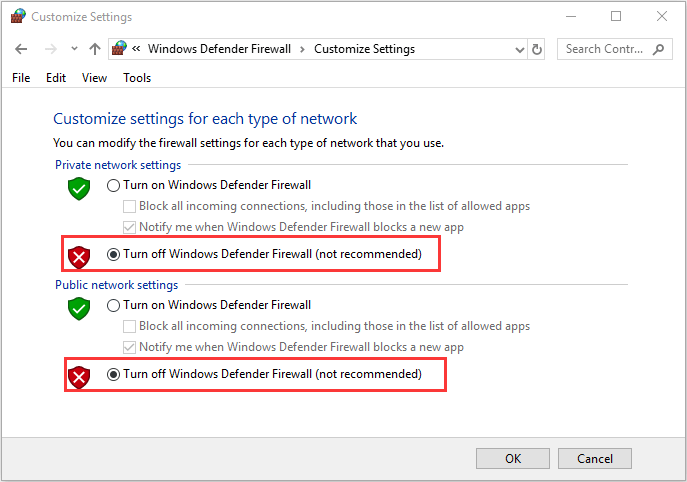 desactivar el cortafuegos de Windows Defender