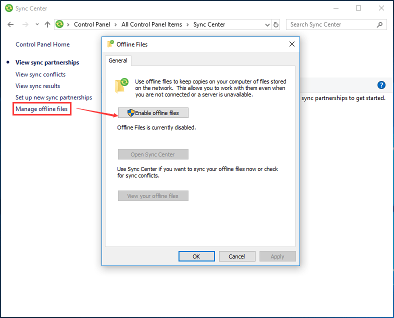 habilitar archivos sin conexión de Windows 10