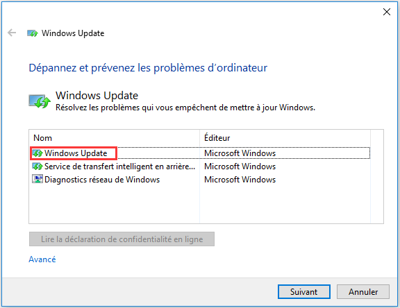sélectionnez Windows Update et cliquez sur Suivant