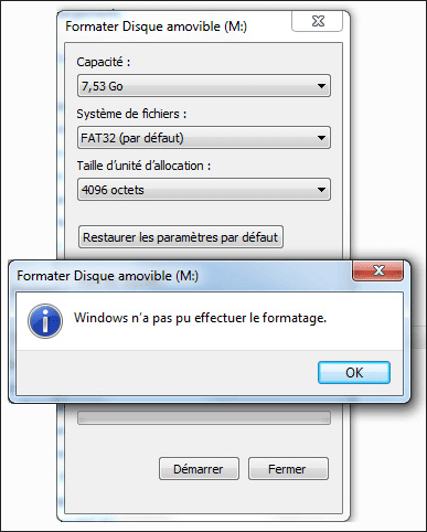 Windows n'a pas pu effectuer le formatage