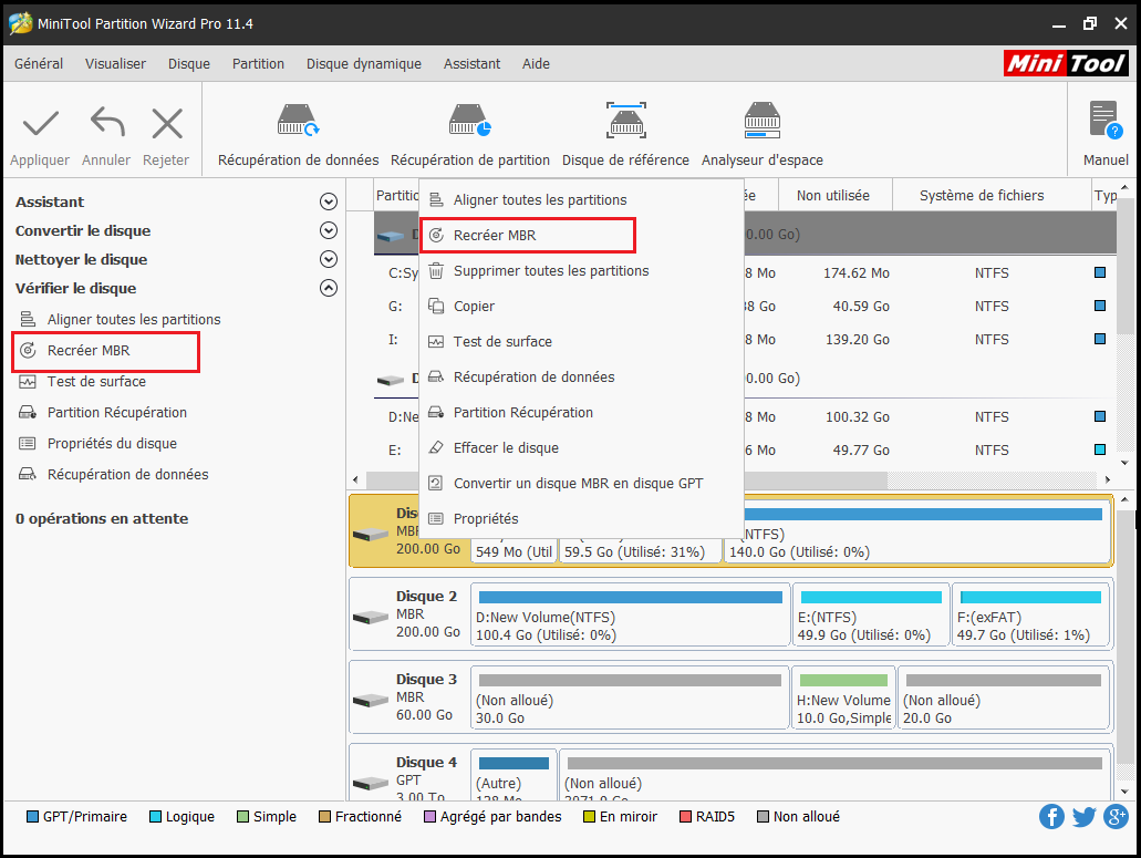sélectionnez le disque cible pour cliquer sur la fonction Recréer MBR