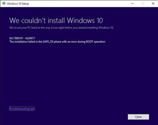 Code d'erreur de l'écran bleu Windows 10 C1900101-20017