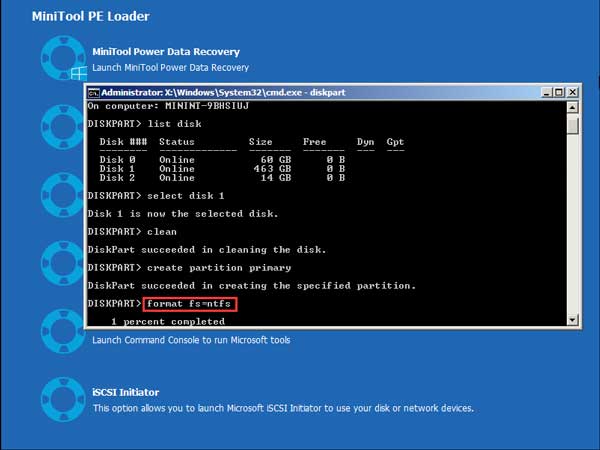 tapez format fs = ntfs et appuyez sur entrée