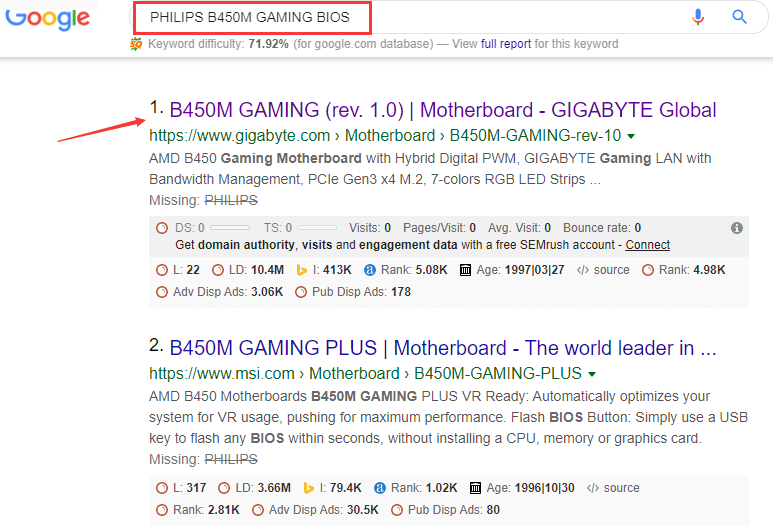 search for BIOS update in Google search box