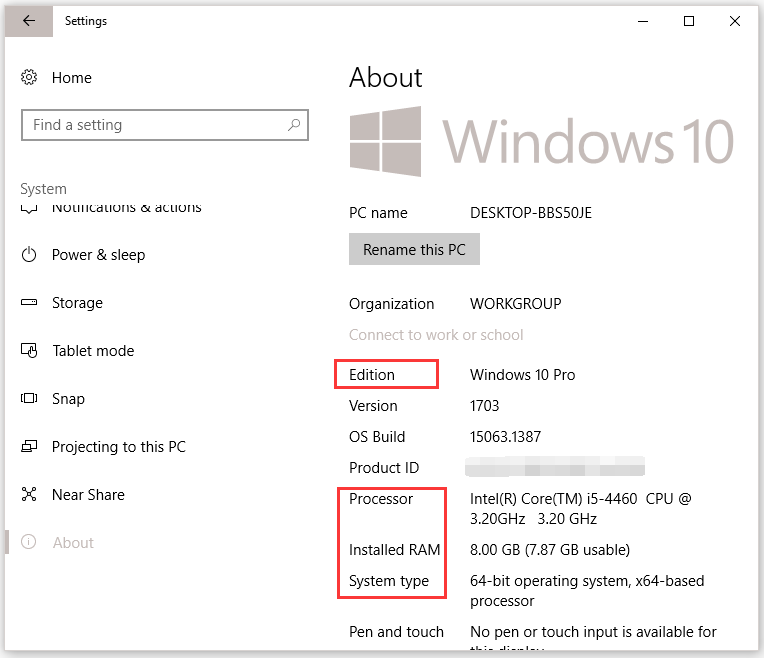 vérifier la version de Windows et son type, CPU, RAM