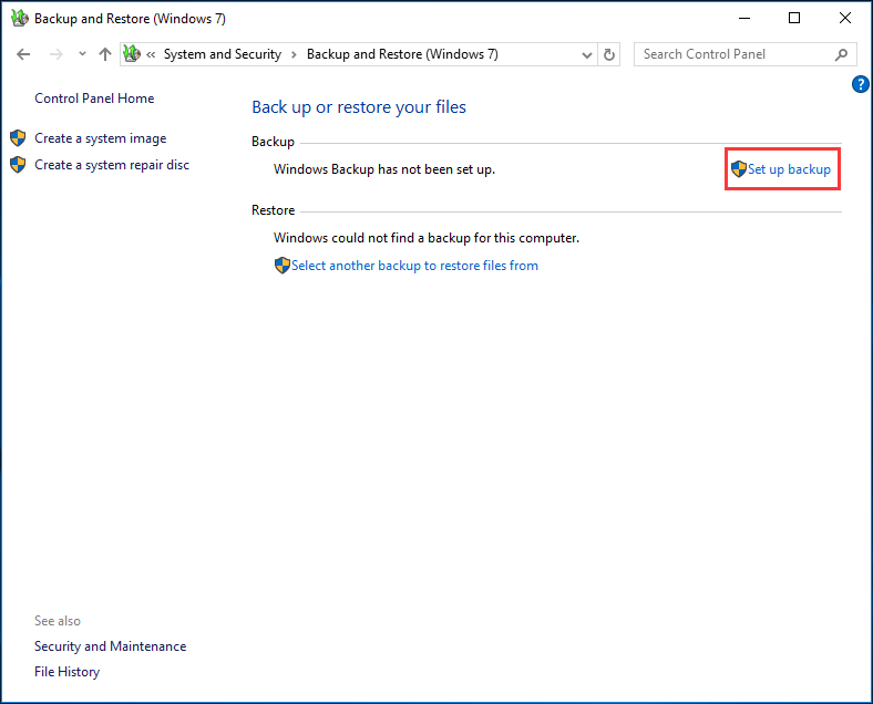 configurer la sauvegarde dans Windows 10 avec Sauvegarde et restauration (Windows 7)