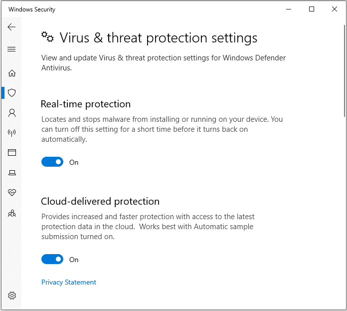 désactiver la protection en temps réel sur la page des paramètres de protection contre les virus et les menaces