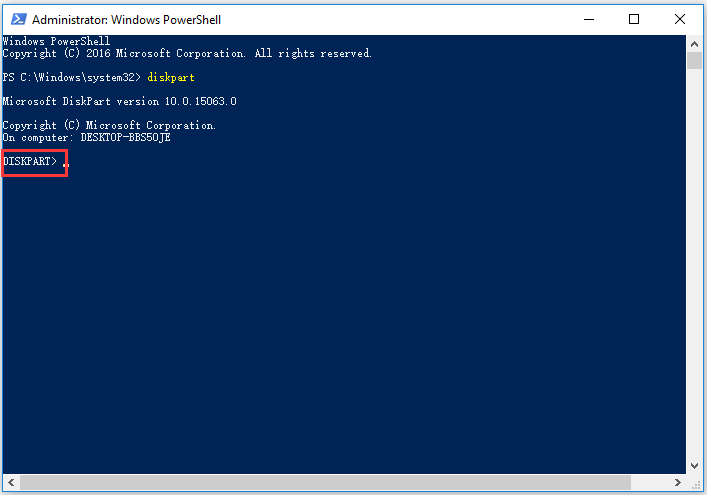 accéder à Diskpart via Windows PowerShell
