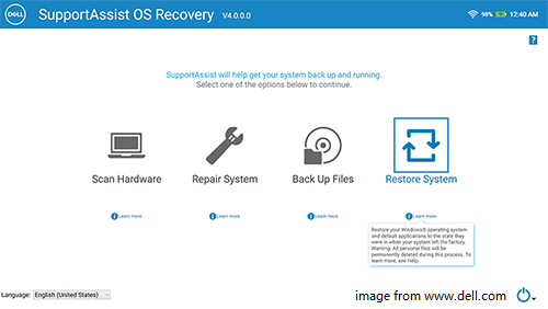 interface principale de SupportAssist OS Recovery