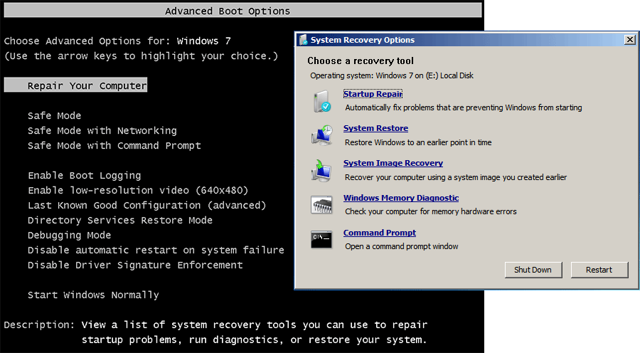 accéder à la réparation de démarrage de Windows 7