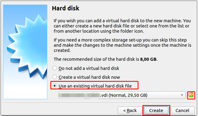 Utiliser un fichier de disque dur virtuel existant pour la machine virtuelle