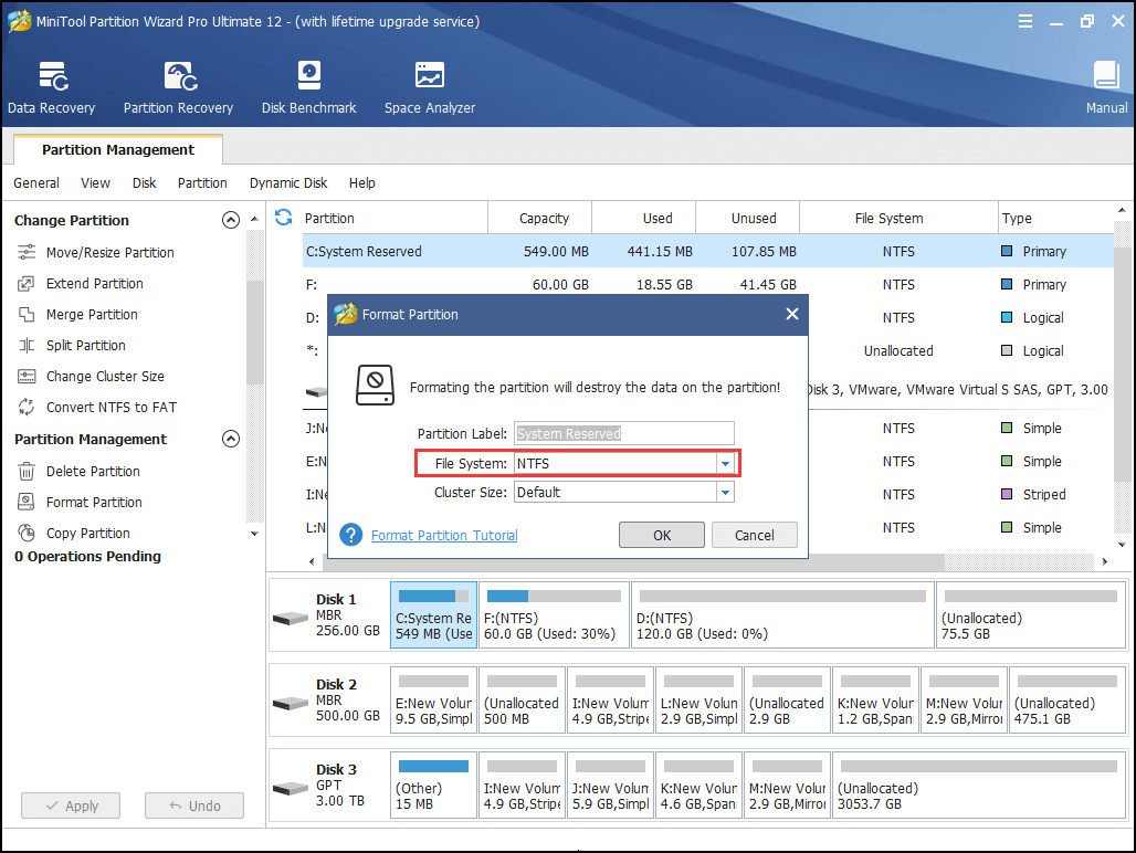 scegli NTFS come file system di destinazione