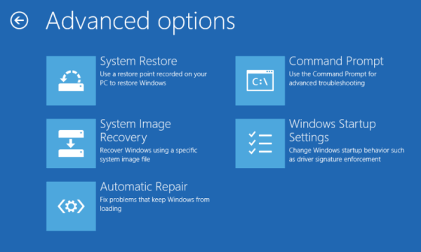 Opzioni avanzate di ripristino di Windows 10