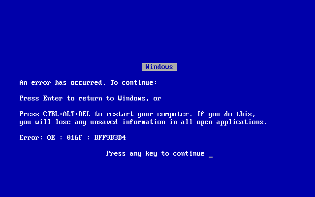 the blue screen of Windows 95 and Windows 98