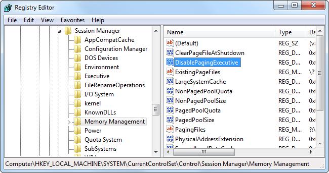 disable paging executive through Registry Editor