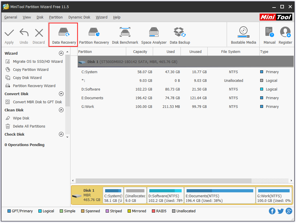 click the Data Recovery feature on the main interface of MiniTool Partition Wizard