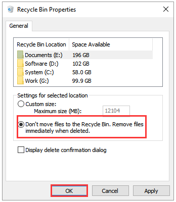 check the option next to delete files permanently