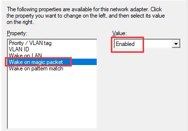 enable Wake on magic packet