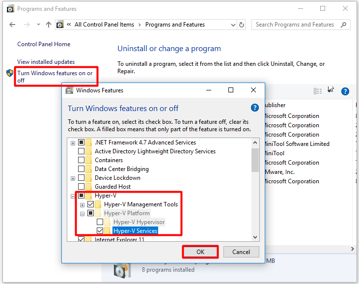click Turn Windows features on or off and enable Hyper v