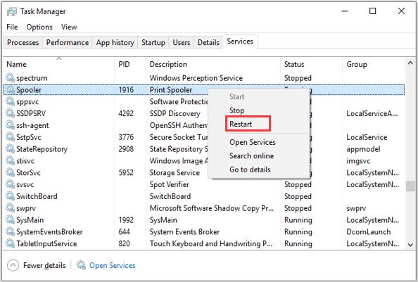 restart Print Spooler via Task Manager