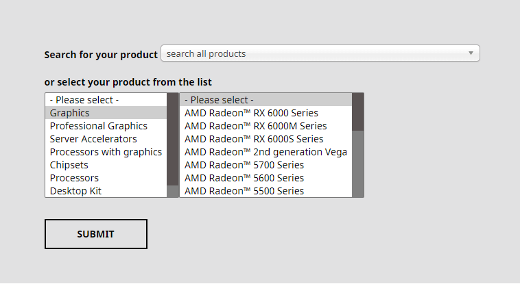 select your AMD product for driver