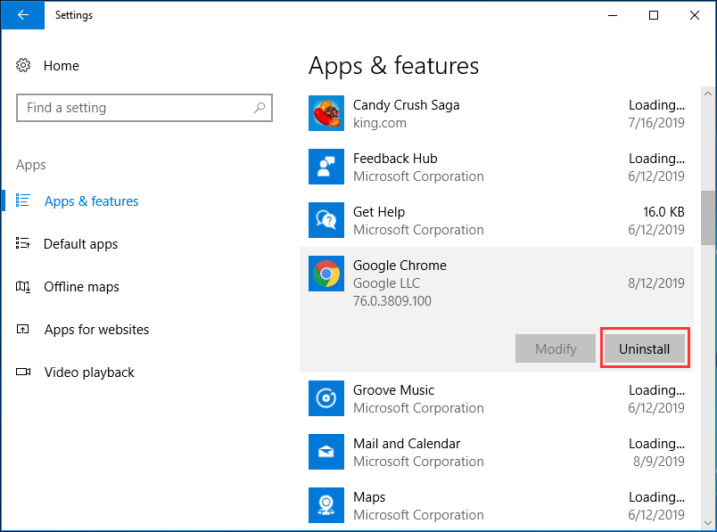 uninstall google chrome via settings apps