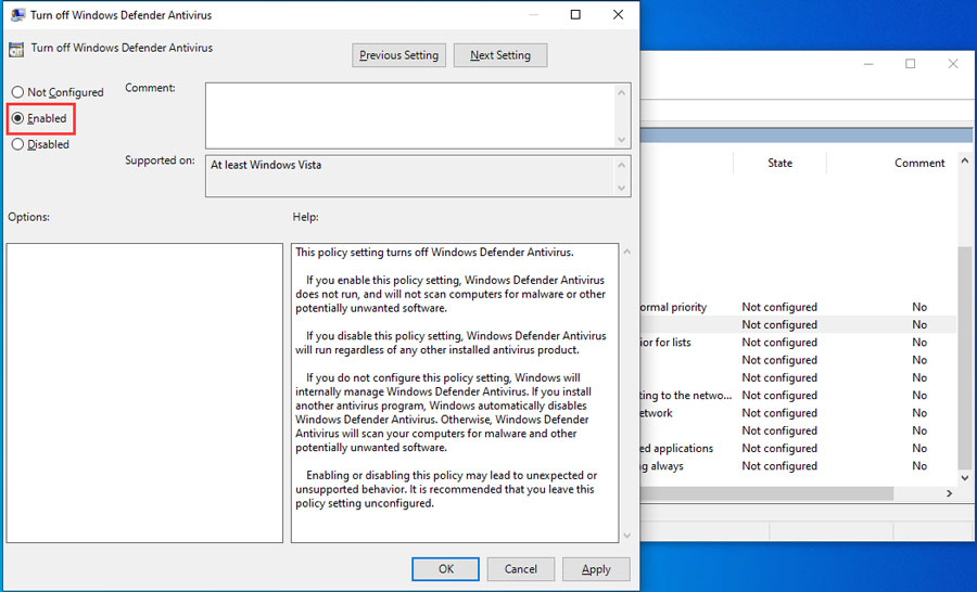 windows defender turned off by group policy vista