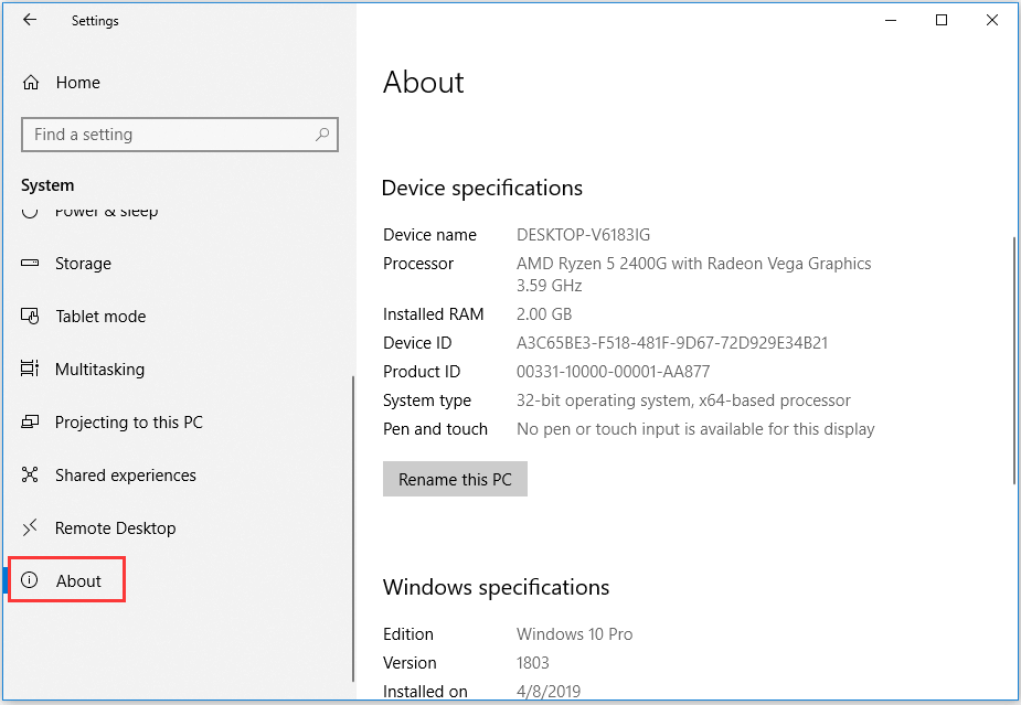 how to find computer specs Windows 10 from Settings