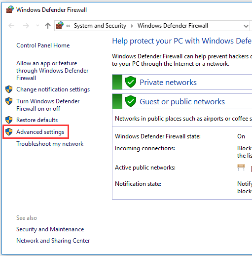 Windows Defender Firewall Advanced settings