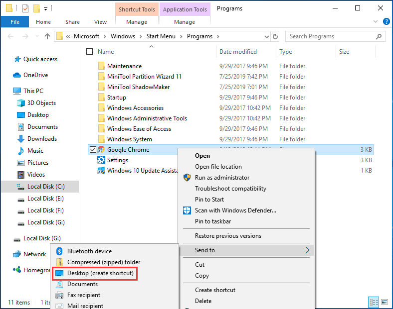 send to desktop to create a shortcut