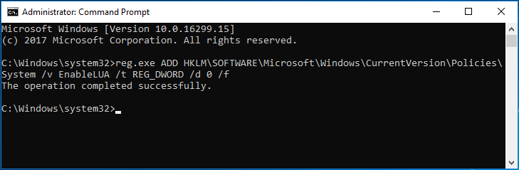 dsiable UAC Windows 10 command line