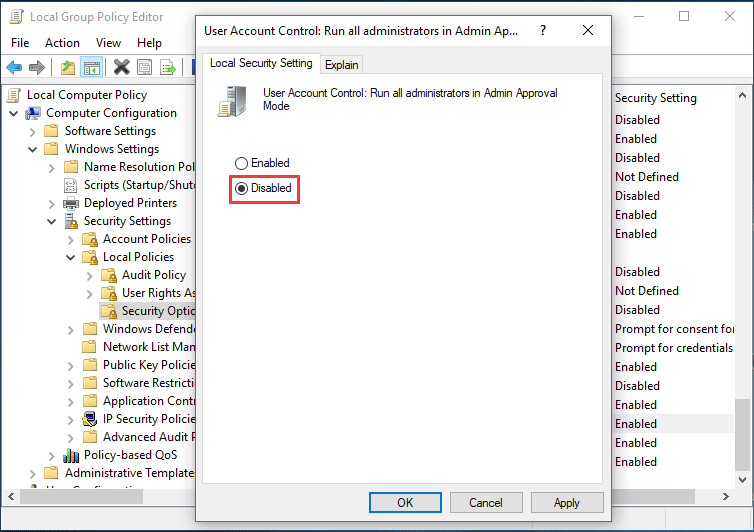 diable UAC Windows 10 group policy