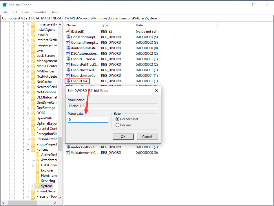 turn off UAC Windows 10 registry key