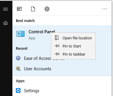 search and open Control Panel from Start