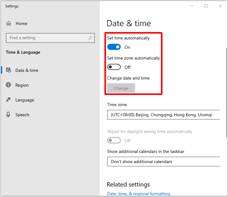 turn on Set time automatically and Set time zone automatically options