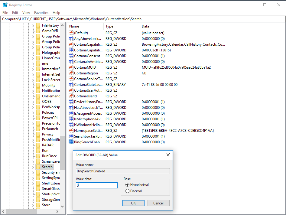 set BingSearchEnabled value data to 0