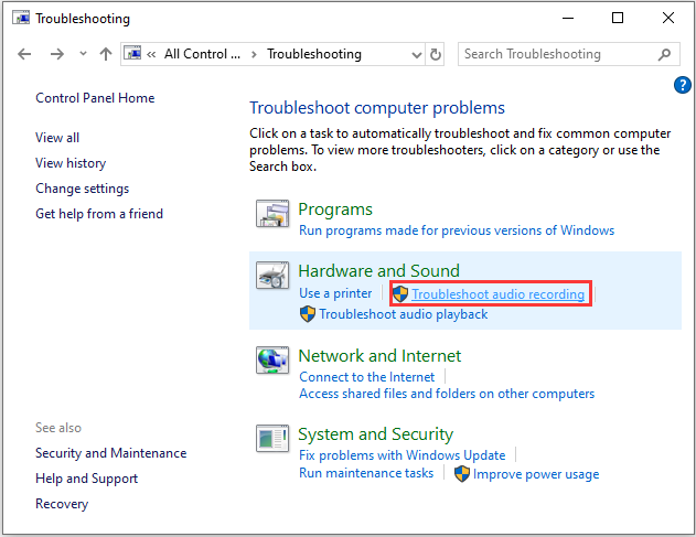 click the Troubleshooter audio recording option