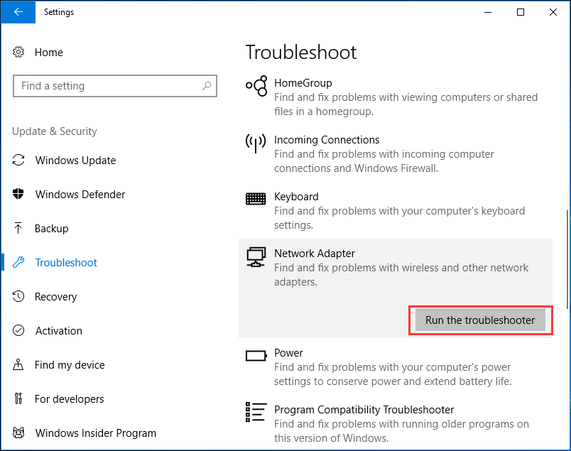 run network adapter troubleshooter