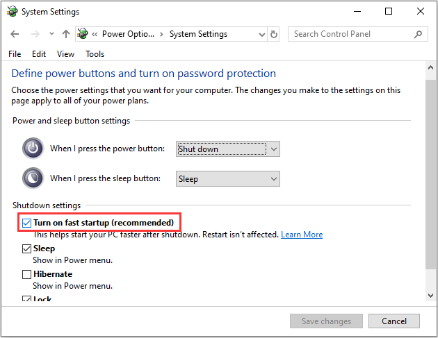 turn off Fast Startup Windows 10