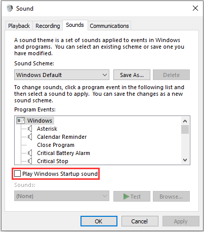check Play Windows Startup sound