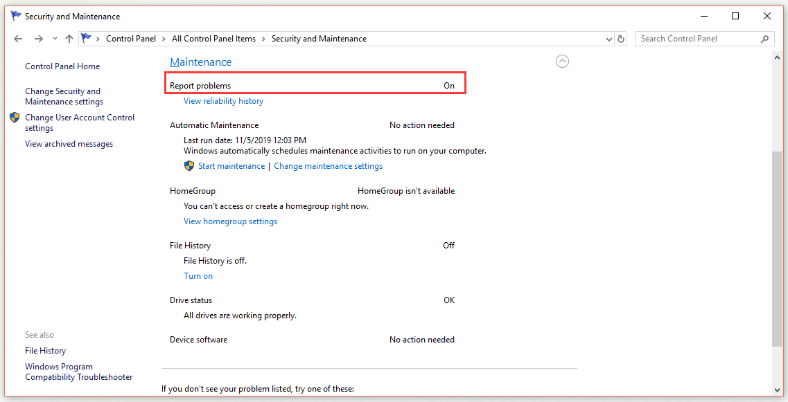 Report problems displays On
