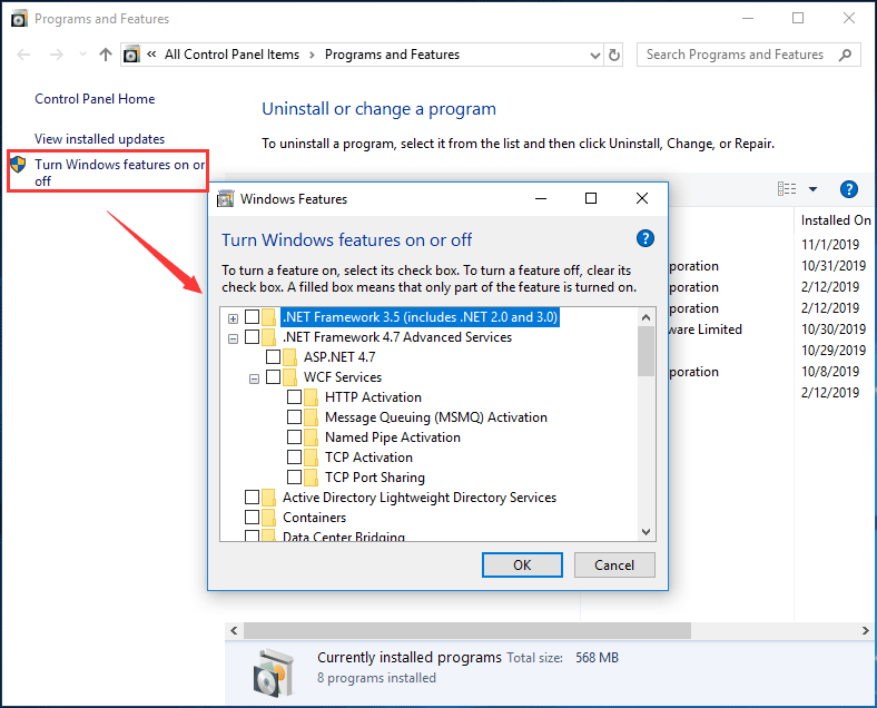 turn Windows features on or all