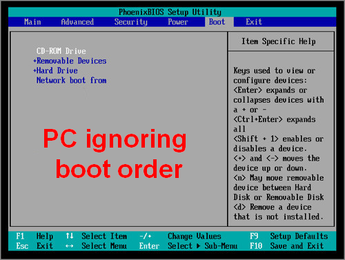 PC ignoring boot order