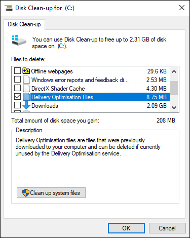 delete Delivery Optimization Files in Disk Cleanup