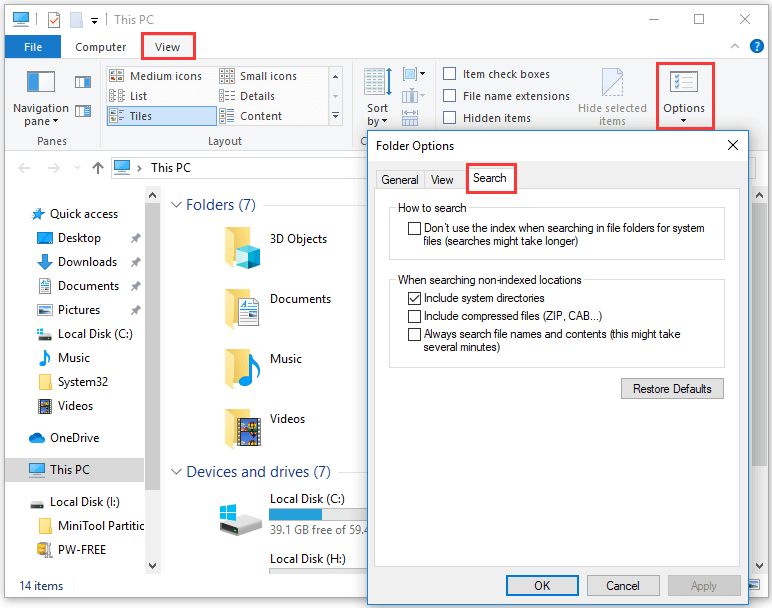 change search options Windows 10
