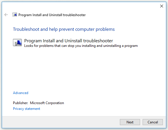 run Program Install and Uninstall troubleshooter