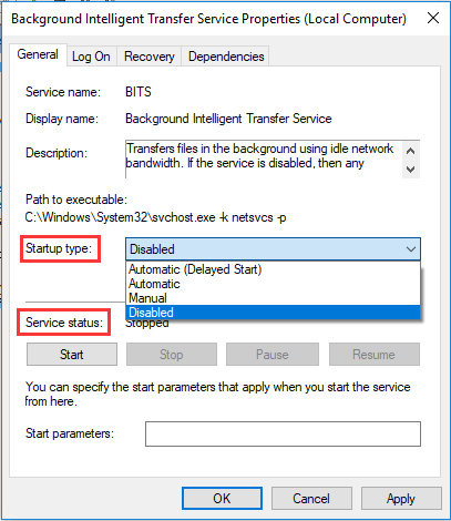 change startup type and service status