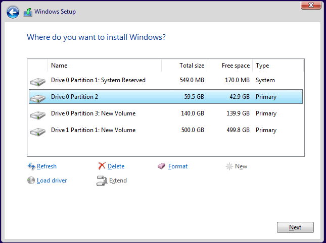 set a drive to install Windows
