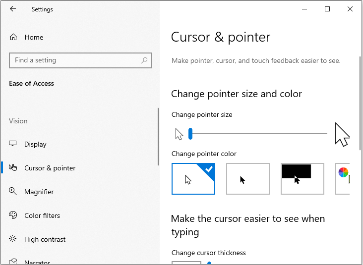 How to change the mouse pointer size, color, and thickness